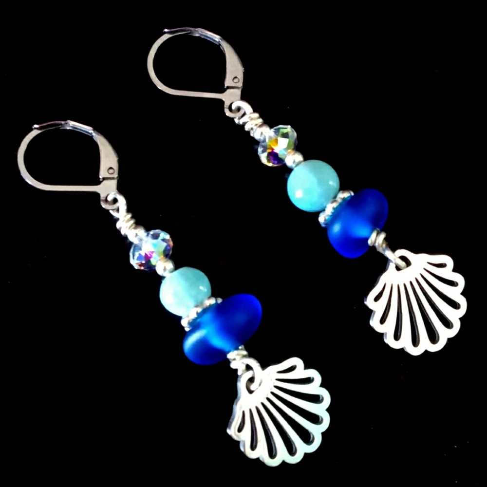 Sold- custom orders accepted- Seaglass Larimar Stainless Steel Handmade Earrings